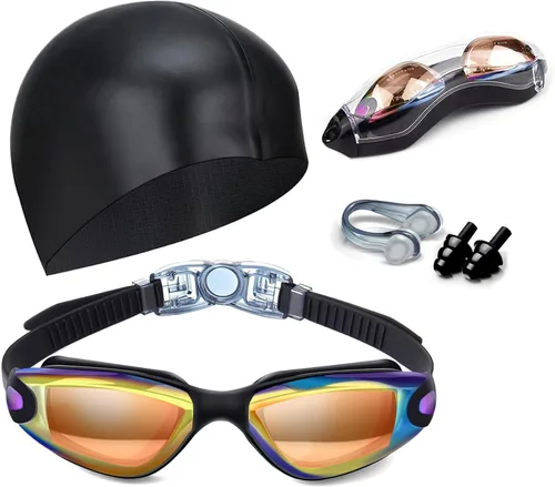 Miniatura 14 de Gafas de natación sin fugas con clip de nariz, tapones para los oídos, gorro de natación y funda para hombres y mujeres Negro