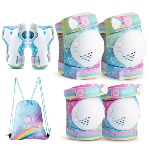 Miniatura 10 de SULIFEEL - Rodilleras de arcoíris y unicornio para niños, coderas, muñequeras con bolsa de cordón, juego de equipo de protección ajustable