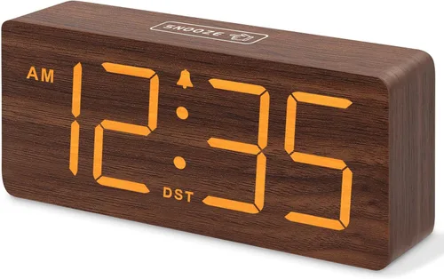 Miniatura 14 de DreamSky Reloj despertador digital de madera para dormitorio, reloj despertador fuerte para personas que duermen mucho con control de volumen