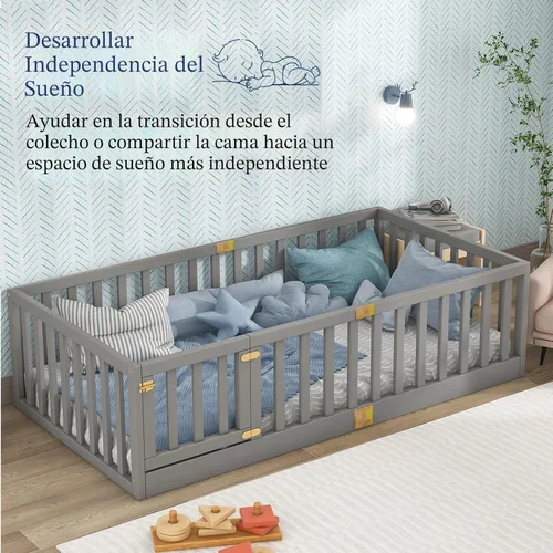 Miniatura 5 de Tatub Cama Montessori de suelo individual con rieles altos, marco de cama Montessori de madera maciza para niños, la puerta se puede instalar a Gris