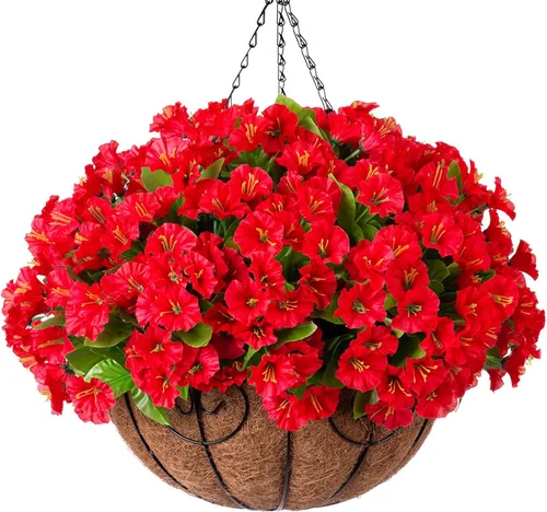 Miniatura 10 de Flores colgantes artificiales con cesta para exteriores, petunias sintéticas, plantas colgantes falsas con eucalipto, resistentes a los rayos UV