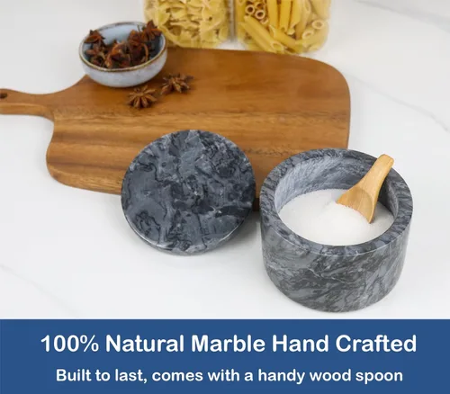 Miniatura 2 de HillSpring Bodega de sal de mármol con tapa y cuchara de madera, caja de hierbas de pimienta hecha a mano de 4 pulgadas, contenedor de Negro