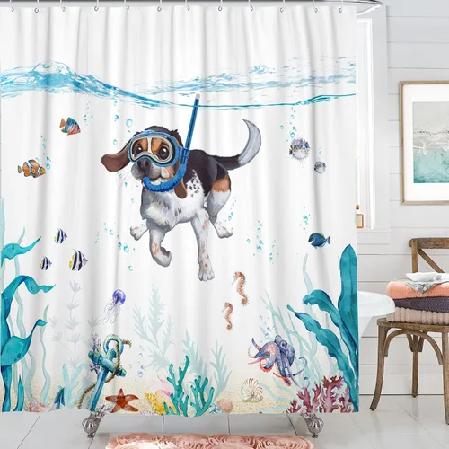 Miniatura 2 de Divertida cortina de ducha para perro, verde azulado, azul, mar, océano, impermeable, cortinas de ducha para baño con animales, pulpo, estrella