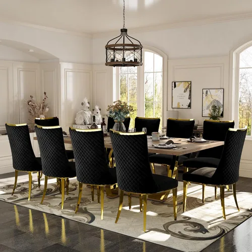 Miniatura 5 de Sillas de comedor, Juego de 4 sillas de comedor, Silla de comedor de terciopelo negro con patas de acero inoxidable dorado