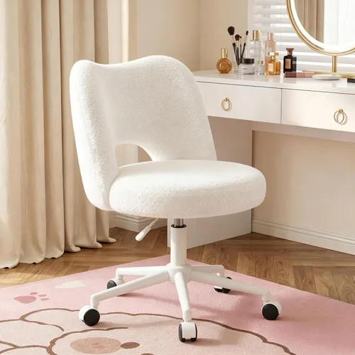 Miniatura 13 de DurayLoly Silla de Tocador con Ruedas Sin Brazos, Silla de Tocador Blanca con Respaldo, Silla de Escritorio Ultra-Suave de Felpa Linda, Silla