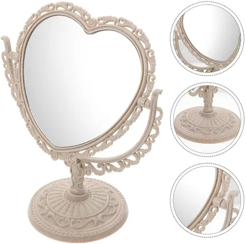 Miniatura 6 de AKOAK Espejo cosmético en forma de corazón, plástico, de doble cara, giratorio, ligero, espejo de baño y dormitorio (beige) Plástico de doble