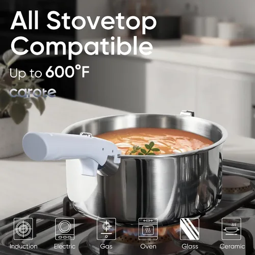 Miniatura 6 de CAROTE - Juego de utensilios de cocina de acero inoxidable de tres capas con tapa de pie, juego de 11 ollas y sartenes antiadherentes