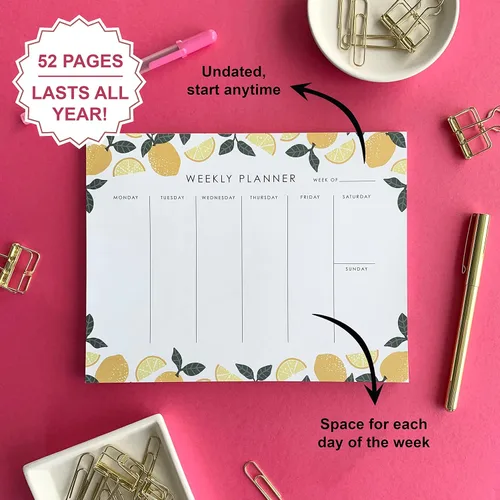 Miniatura 3 de Bloc de notas de planificador semanal, 9 x 7 pulgadas, 52 hojas extraíbles, planificador de escritorio sin fecha, calendario y organizador para Limón