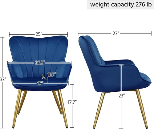 Miniatura 3 de Topeakmart Silla decorativa de terciopelo, moderna y de mediados de siglo, silla de maquillaje con acolchado suave y respaldo alto para sala de Azul