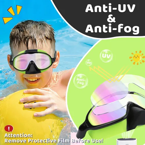Miniatura 7 de Vvinca 2 gafas de natación para niños con cubierta para la nariz, máscara de buceo de natación de visión amplia, antivaho UV, anti roturas