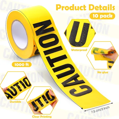 Miniatura 2 de Yeaqee 10 rollos de cinta de construcción de 3 pulgadas x 1000 pies, impermeable, advertencia de seguridad, rollo de cinta de precaución de Amarillo