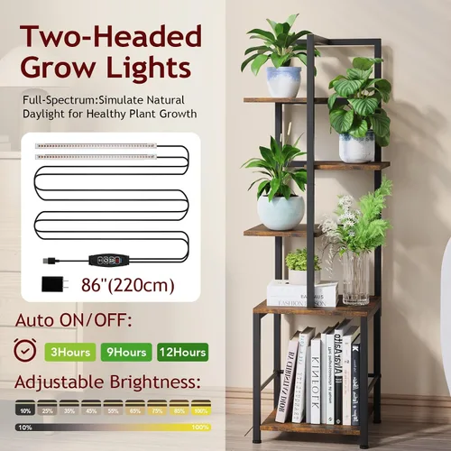 Miniatura 3 de Soporte para plantas de interior con luz de crecimiento, soporte alto para plantas de 5 niveles para interiores, estante de metal para plantas