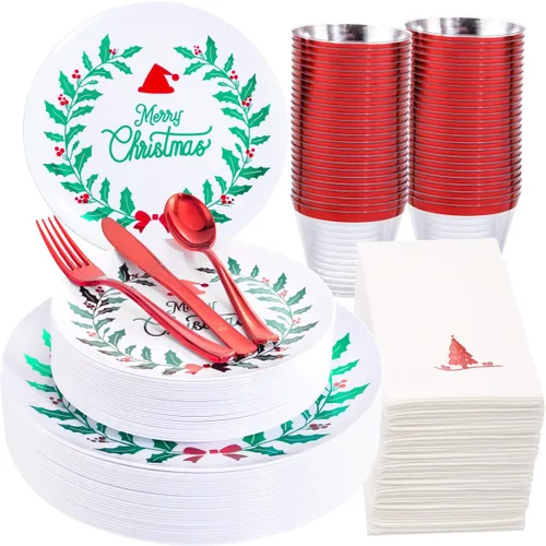 Miniatura 11 de Liacere 175 piezas de platos desechables de plástico navideños rojos y blancos - Incluye 25 platos de postre, 25 platos para cena, 25 cuchillos, 25