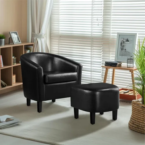 Miniatura 2 de Yaheetech Sillón moderno con reposapiés de piel sintética con reposapiés, silla de lectura con reposapiés, color negro