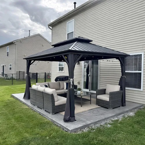 Miniatura 18 de PURPLE LEAF Glorieta de 6' X 8' con techo rígido para parrilla de patio, glorieta de barbacoa de aluminio con toldo, 24 bombillas LED transparentes