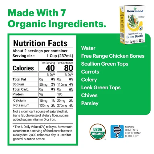 Miniatura 2 de Caldo de hueso de pollo orgánico sin sal de 16.9 oz (12 paquetes) – 7 ingredientes, certificado bajo en FODMAP, sin rellenos, sin gluten, sin