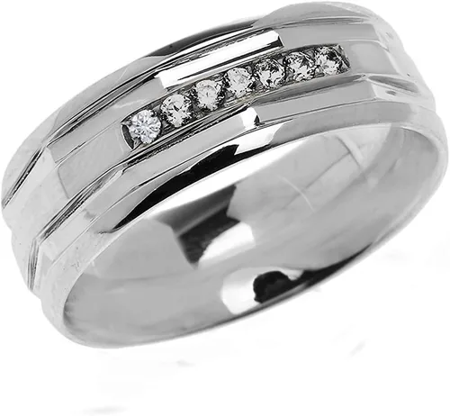 Alianza de boda angular de plata de ley 925 con diamante CTTW de 1/10 (CTTW color K-M, claridad I1-I2)