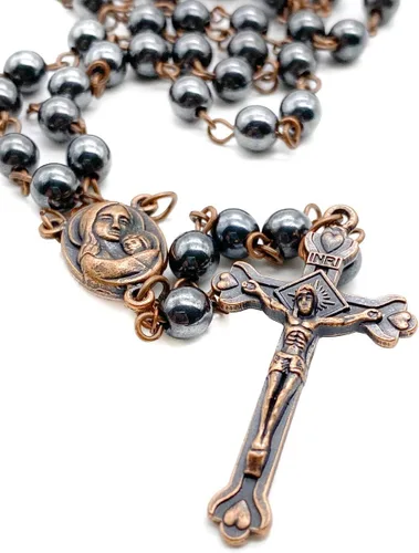 Miniatura 12 de Nazareth Store Hematite Rosary Beads Black Stone Catholic Rosary Necklace with Jerusalem Holy Soil & Cross Antique Religious Rosaries Beads