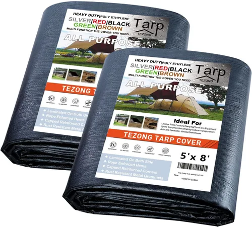 Miniatura 10 de Lonas resistentes impermeables de 4 x 5 pies, paquete de 2 lonas TEZONG negras de 0.472 in. de lona de plástico para exteriores para lluvia
