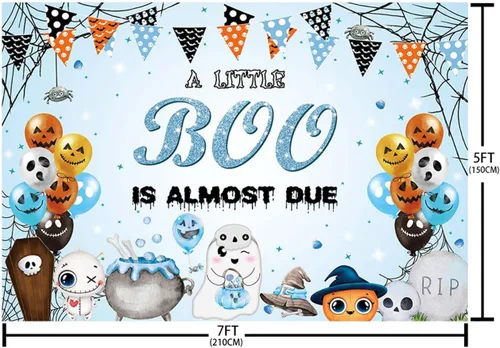 Miniatura 5 de AIBIIN Telón de fondo de Halloween de 7 x 5 pies para baby shower, con texto en inglés "A Little Boo is Almost Due Baby Shower Decoraciones" azul