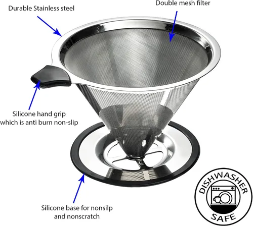 Miniatura 3 de gotero de cono para café de acero inoxidable con soporte para taza, cuchara y cepillo de limpieza