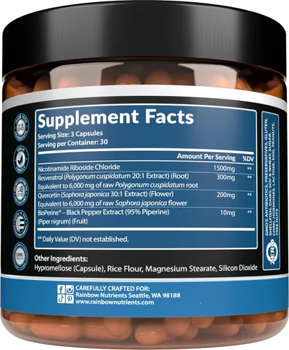 Miniatura 2 de Suplemento NAD+ de 13,510 mg, ribósido de nicotinamida, resveratrol, quercetina y bioperine® (alta absorción), potenciador natural de NAD