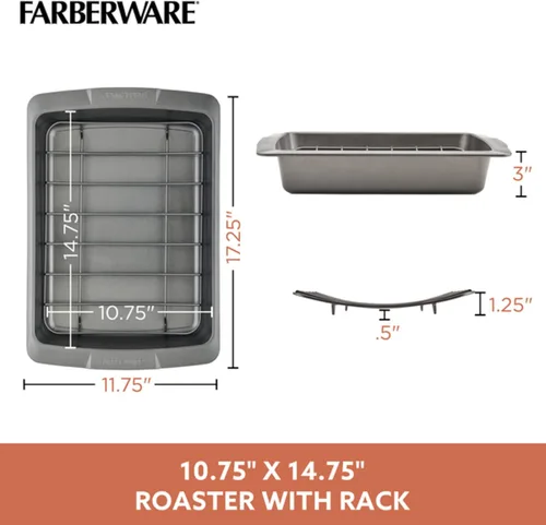 Miniatura 3 de Farberware Bakeware - Sartén antiadherente para asar con estante en U, 14.75 pulgadas x 10.75 pulgadas, color gris