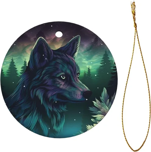 Miniatura 9 de Adornos de cerámica para árbol de Navidad, diseño de lobo del bosque, adornos redondos de cerámica, divertidas decoraciones de Navidad, colgantes
