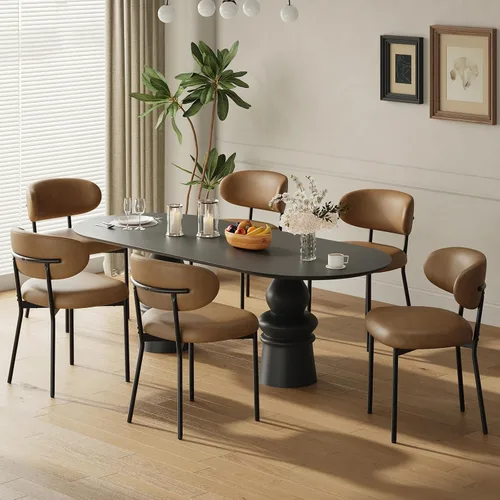 Miniatura 7 de MALOL Juego de 2 sillas de comedor de cuero con reposabrazos, silla de comedor tapizada con respaldo curvado y patas de madera, sillas de cocina