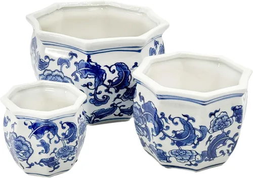 Miniatura 5 de Galt International Macetas de jardín decorativas de porcelana de cerámica con diseño floral azul y blanco, diseño chino asiático - Juego de 3