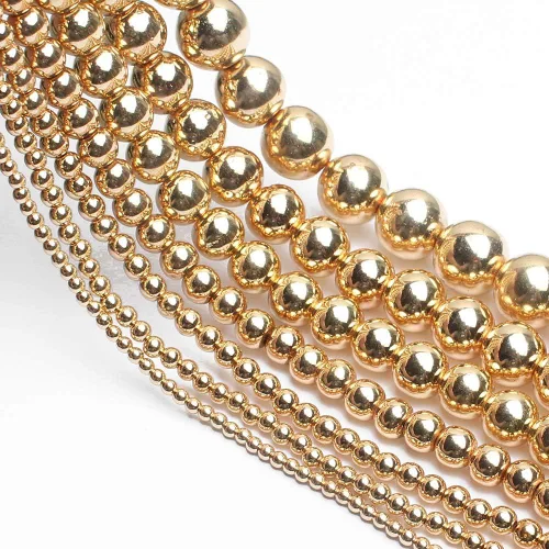 Miniatura 5 de Cuentas de hematita de oro de 14K, cuentas sueltas redondas para hacer joyas, pulseras y collares de bricolaje, cuentas de 6 mm/60 piezas