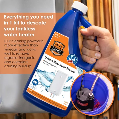 Miniatura 3 de Chromex Kit de descarga de calentador de agua sin tanque con solución de descalcificación líquida certificada y mangueras de entrada de ángulo recto