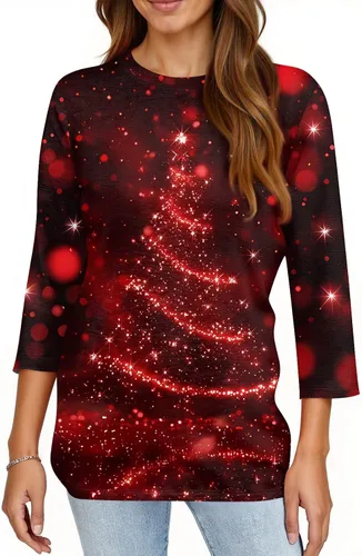 Miniatura 110 de Camisetas de manga 3/4 para mujer, cuello redondo, holgadas, casuales, con estampado floral, camisetas de moda para el trabajo de negocios