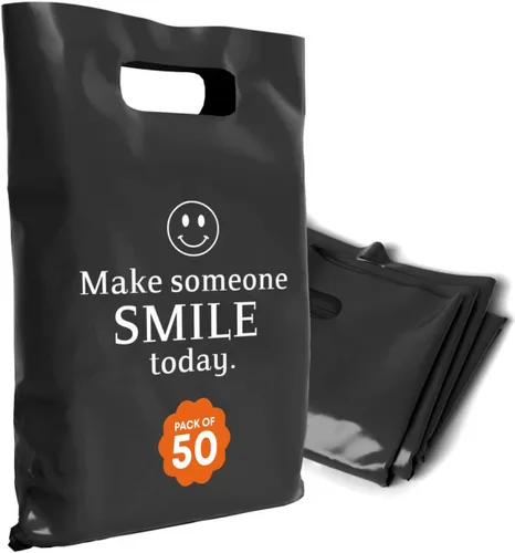 Bolsas de plástico con asas – Bolsas de mercancía de 12 x 15 pulgadas para pequeñas empresas – Bolsas troqueladas para compras minoristas y Negro