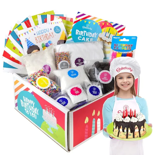 Baketivity Juego de pastel de cumpleaños y decoración para niñas y niños. La caja incluye todos los ingredientes premedidos, velas de cumpleaños,