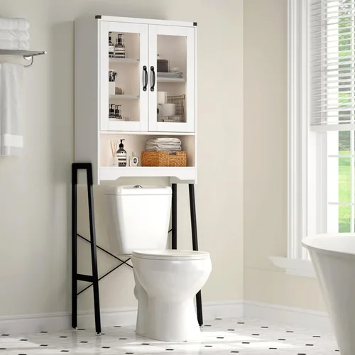 Miniatura 3 de Gabinete de almacenamiento sobre el inodoro con puertas estilo granja y estante ajustable, organizador de baño alto con soporte de metal que ahorra