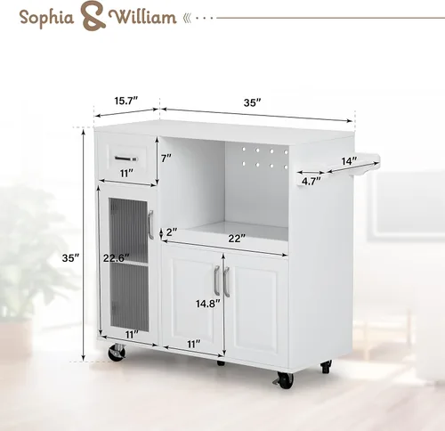 Miniatura 7 de Sophia & William Carrito de isla de cocina con ruedas con bandeja extensible, estante ajustable y puerta de cristal, isla de almacenamiento móvil
