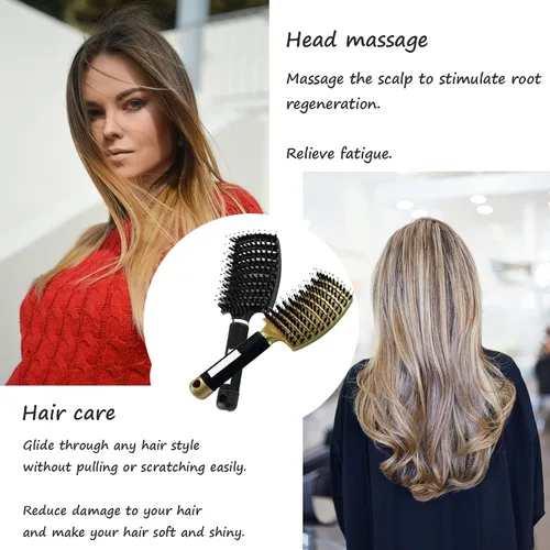Miniatura 3 de 2 cepillos curvos ventilados para el cabello, cerdas de jabalí, cepillo desenredante de pala, cepillo profesional desenredante para Dorado+Negro