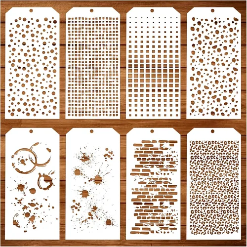 Miniatura 10 de 8 Piezas de Plantillas para Manualidades, Plantillas de Capas de Leopardo Ladrillo Punto para Medios Mixtos Plantillas de Textura para Pintar