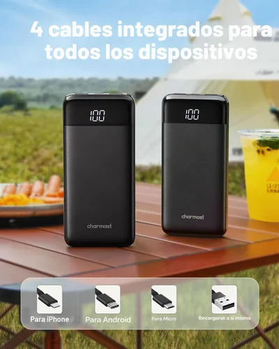 Miniatura 2 de charmast Cargador portátil de 10000 mAh, 4 cables integrados, 6 salidas/3 entradas, carga rápida de 3 A, compatible con iPhone, iPad, Samsung