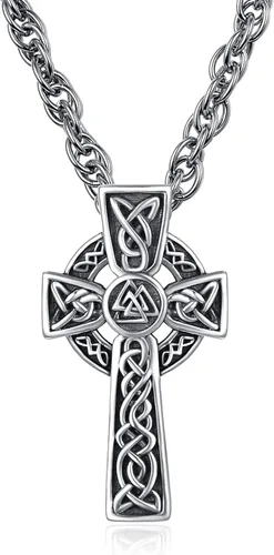 TANGPOET - Collar de nudo celta de plata de ley con colgante de escudo de Asatru de buena suerte joyería irlandesa regalos para hombres mujeres y
