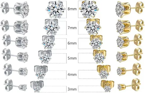 12 pares de aretes unisex, taladro de circonio de color, soporte de oreja de acero inoxidable 316L, aretes hipoalergénicos, aretes de colores y