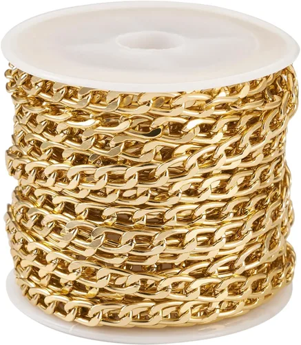 Miniatura 20 de FASHEWELRY Cadena de eslabones de aluminio de 16.4 pies sin soldar, rollo de cadenas de eslabones dorados con carrete para hacer collares, joyas