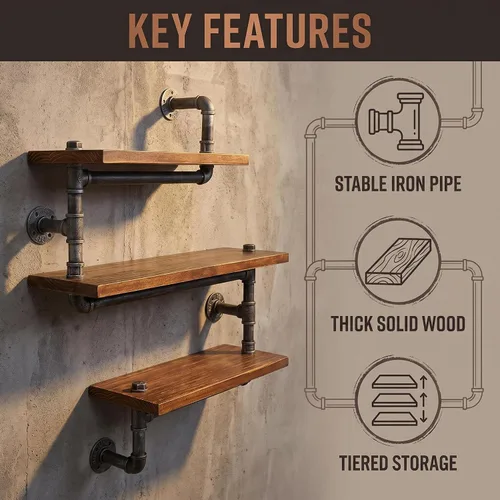 Miniatura 8 de Estantería de tubo industrial Pipe, madera moderna rústica, 3 estantes de pared de tubos escalonados, tubo de hierro forjado, estantería de diseño
