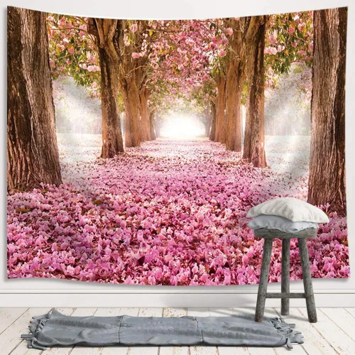 Miniatura 16 de JAWO Alfombra Floral de Sakura Rosa, Tapiz para Colgar en la Pared, Árbol de Flores de Cerezo en Primavera, para Dormitorio, Sala de Estar