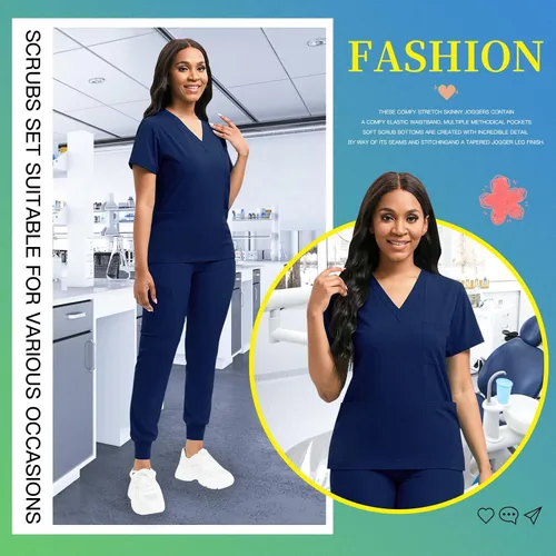 Miniatura 6 de niaahinn Conjunto de ropa quirúrgica clásica con cuello en V y pantalón deportivo de yoga, uniforme médico de enfermería