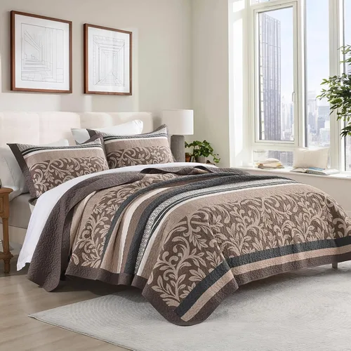 Miniatura 2 de KALOOLA Colchas de granja tamaño Queen – Juego de ropa de cama acolchado ligero 100% algodón, 3 piezas, colcha botánica a rayas estampada con 2