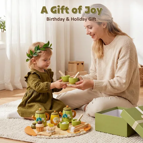 Miniatura 7 de Juego de té de madera para niños pequeños, juguetes de fiesta de té de simulación para niños de 3 a 5 años, regalo para niñas y niños