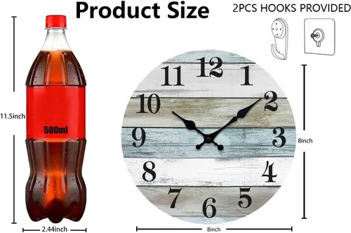Miniatura 3 de Reloj de pared silencioso sin tictac, relojes de madera, funciona con pilas, 8 pulgadas, pequeño, estilo campestre retro rústico y de playa