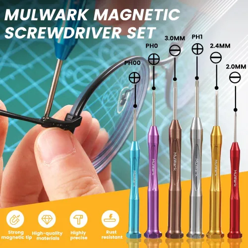 Miniatura 4 de MULWARK Juego de destornilladores pequeños, juego de 6 mini destornilladores magnéticos, microprecisión de cabeza plana y destornillador Phillips